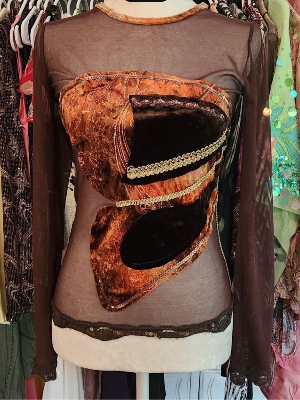 Sheer Brown Mesh Top with Velvet Applique - Women